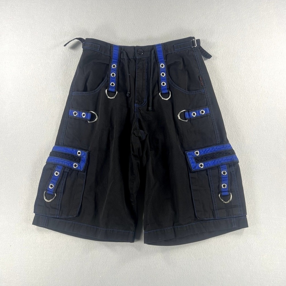 Vintage Tripp NYC Shorts S Black Blue Strap Cargo D-Rings Goth Punk Baggy Raver